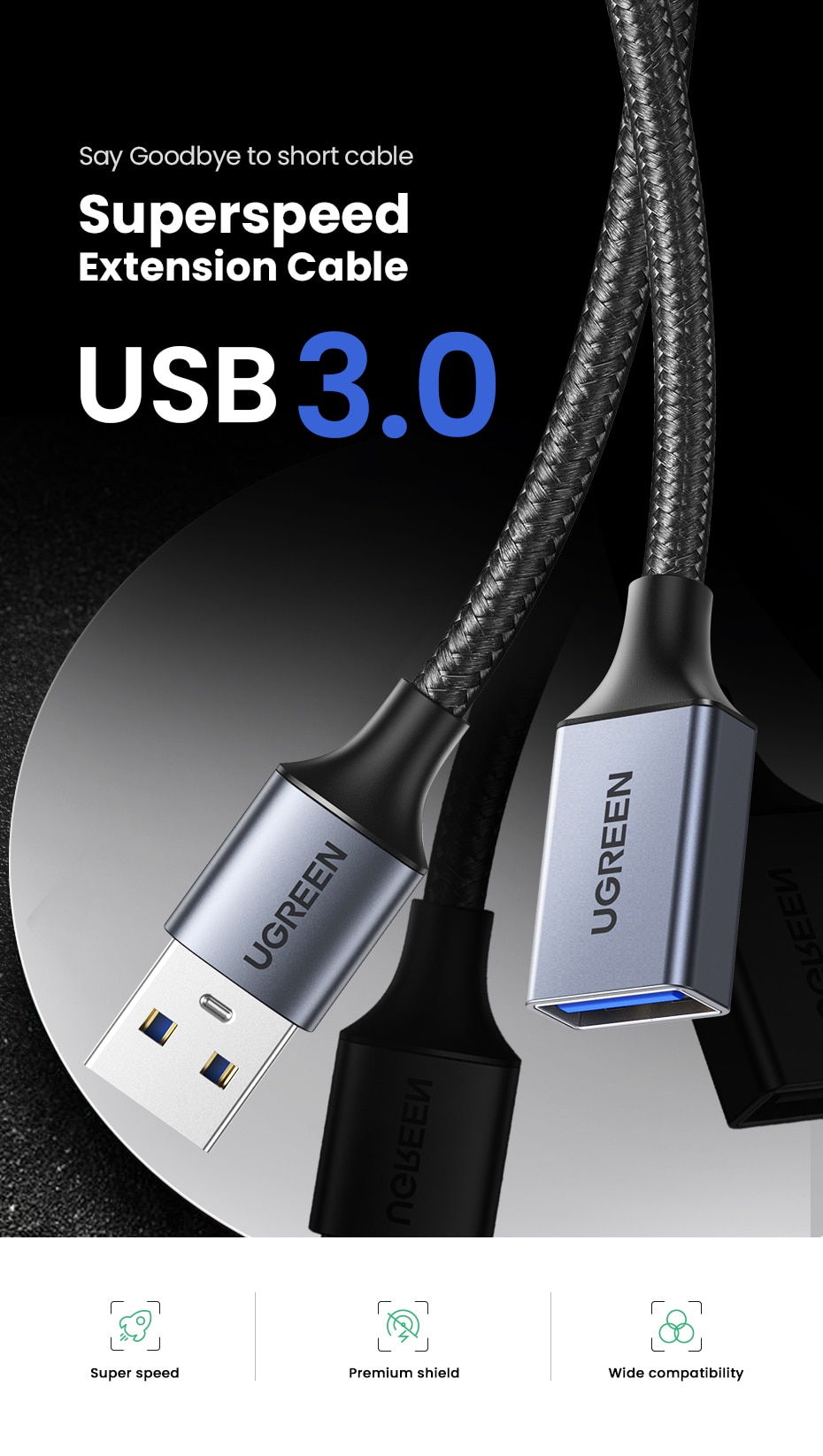 Ugreen USB 3.0 câble USB câble d'extension mâle à femelle câble de données USB3.0 cordon d'extension pour PC TV USB câble d'extension