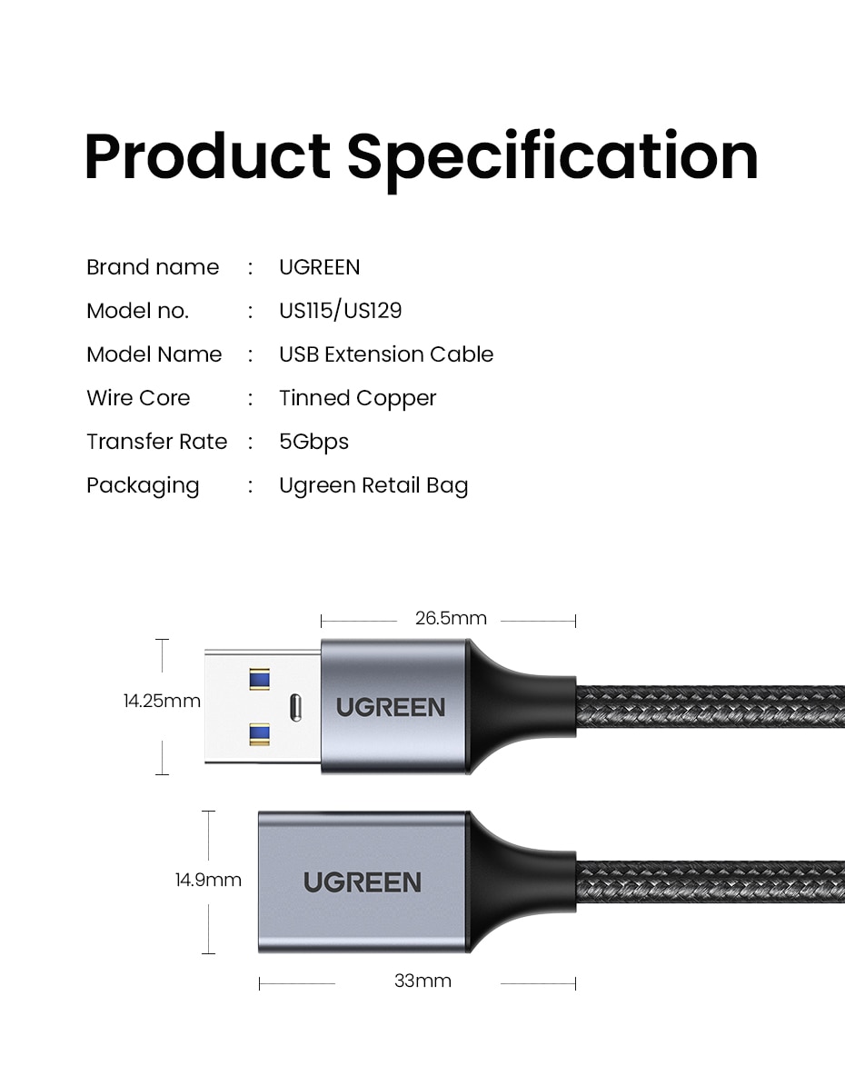 Ugreen USB 3.0 câble USB câble d'extension mâle à femelle câble de données USB3.0 cordon d'extension pour PC TV USB câble d'extension