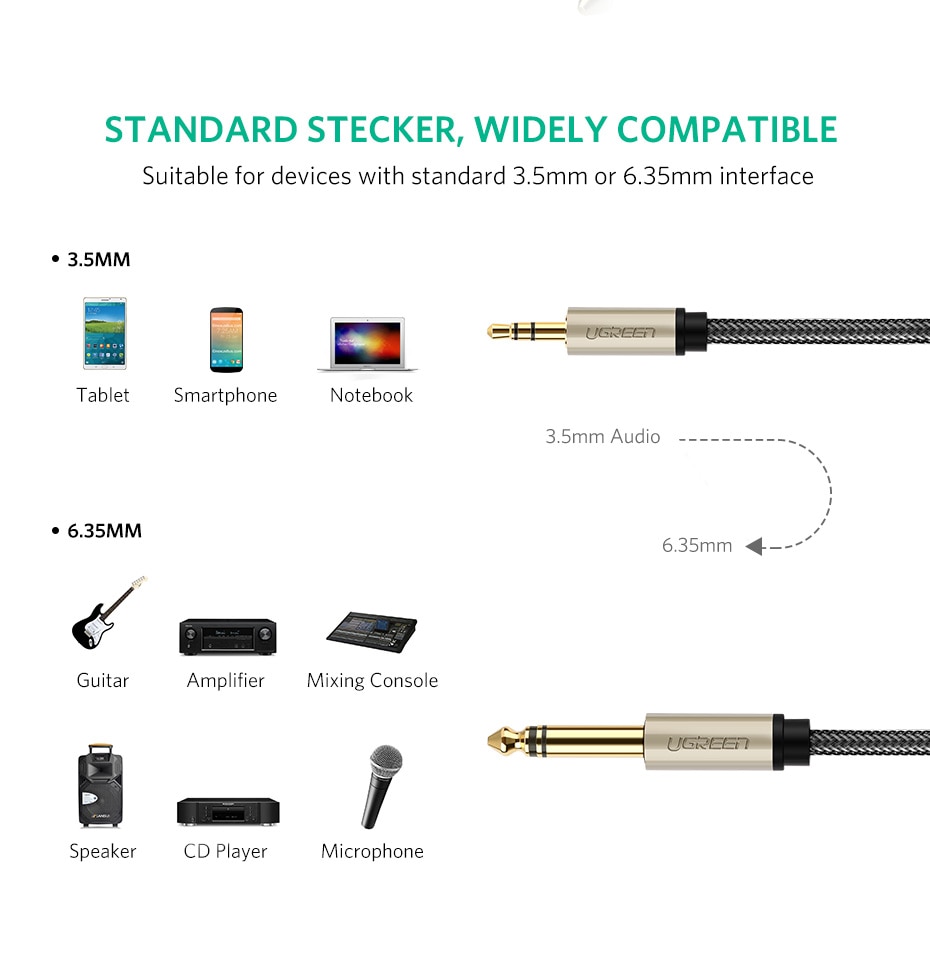 Ugreen 3.5mm à 6.35mm adaptateur câble Aux pour table de mixage amplificateur lecteur CD haut-parleur plaqué or 3.5 Jack à 6.5 Jack mâle câble Audio