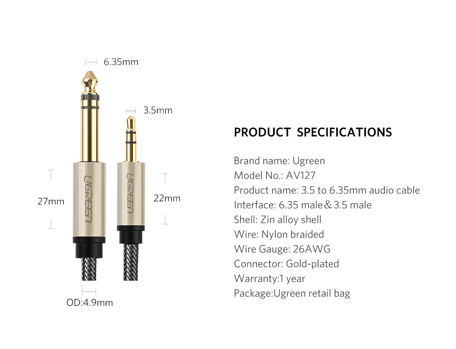 Ugreen 3.5mm à 6.35mm adaptateur câble Aux pour table de mixage amplificateur lecteur CD haut-parleur plaqué or 3.5 Jack à 6.5 Jack mâle câble Audio