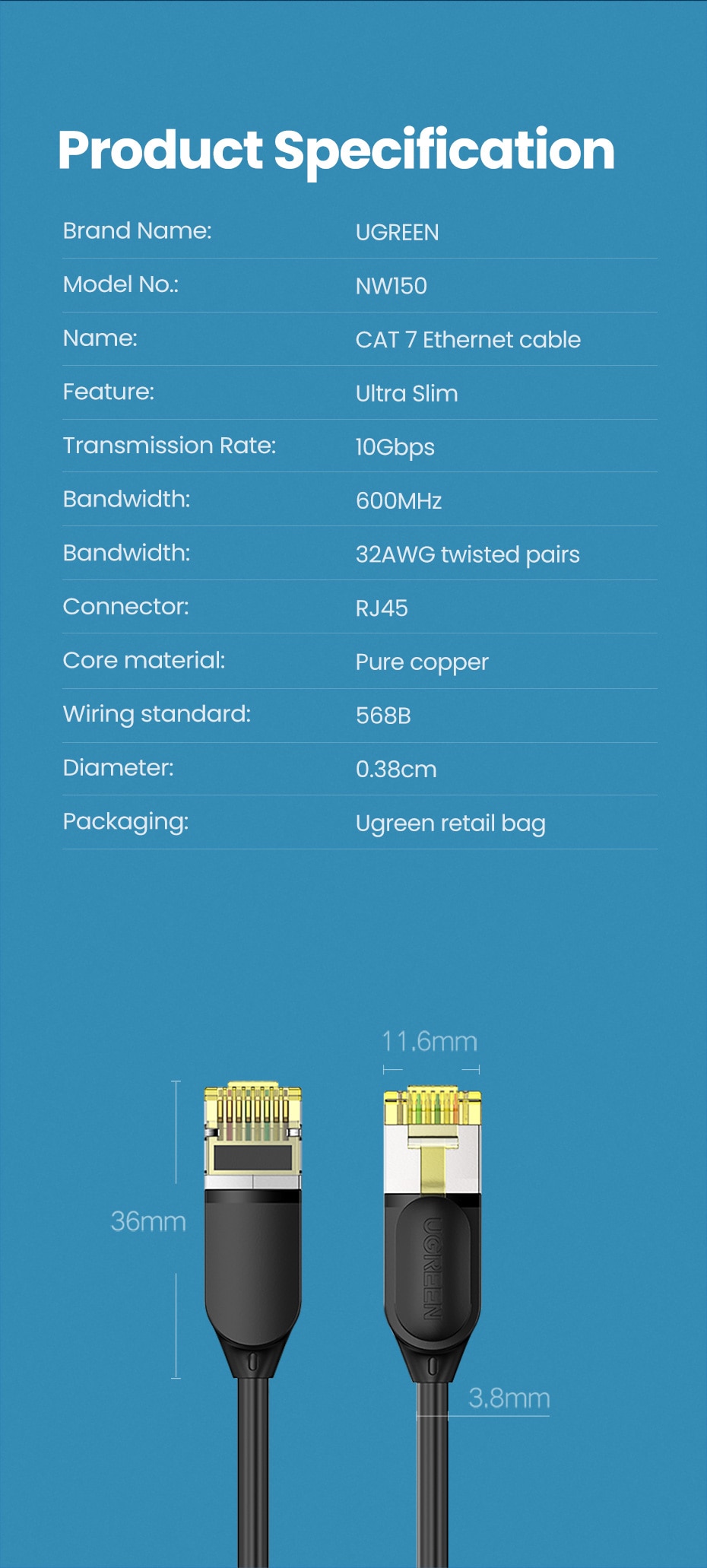 UGREEN Câble Ethernet CAT7 10Gbps Câble Ethernet Mini Mince 0.38mm Diamètre Fil RJ45 Pour Ordinateurs Portables PS 4 Modem Réseau Lan Câble