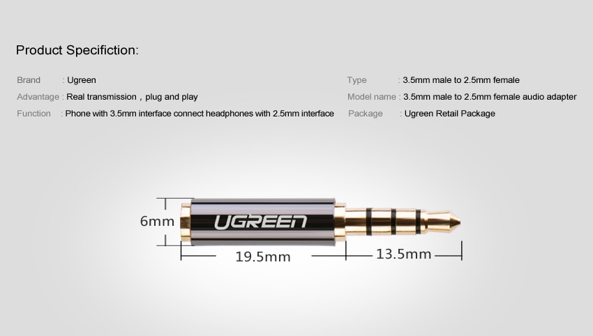 Prise Ugreen 3.5mm à 2.5mm adaptateur Audio 2.5mm mâle à 3.5mm prise femelle connecteur pour câble haut-parleur Aux prise casque 3.5