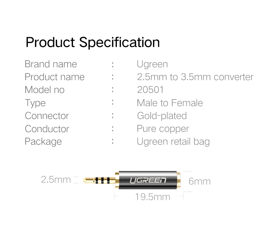 Prise Ugreen 3.5mm à 2.5mm adaptateur Audio 2.5mm mâle à 3.5mm prise femelle connecteur pour câble haut-parleur Aux prise casque 3.5