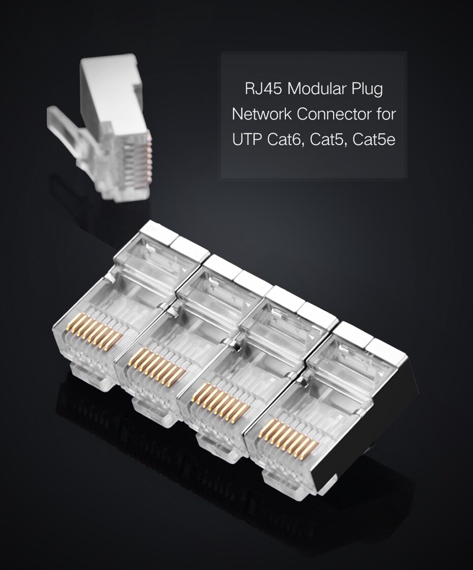 Ugreen-connecteur de câble Ethernet modulaire Cat6 8P8C, connecteur de tête de câble Ethernet, connecteur de sertissage Cat 6 en plaqué or, réseau RJ 45