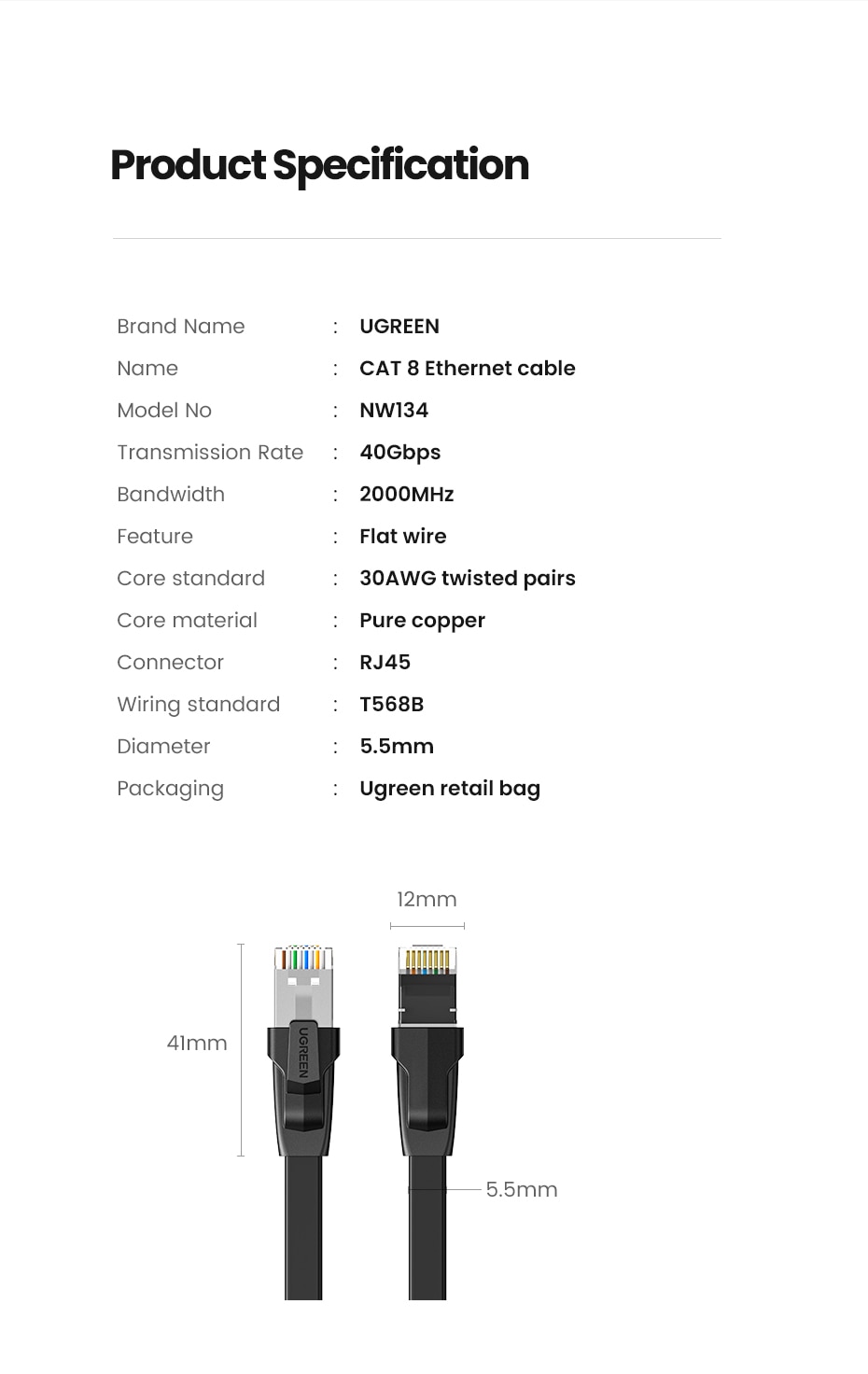 UGREEN Câble Ethernet Cat8 40Gbps Câble Réseau Plat Haute Vitesse Cat8 U/FTP pour Ordinateur Portable PC Routeur PS 4 Lan Câble De Cordon De Raccordement RJ45