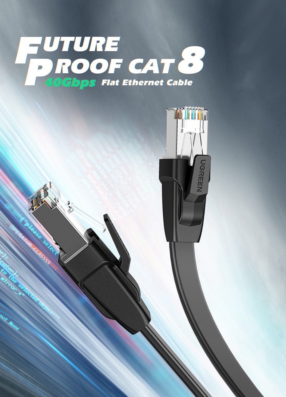 UGREEN Câble Ethernet Cat8 40Gbps Câble Réseau Plat Haute Vitesse Cat8 U/FTP pour Ordinateur Portable PC Routeur PS 4 Lan Câble De Cordon De Raccordement RJ45